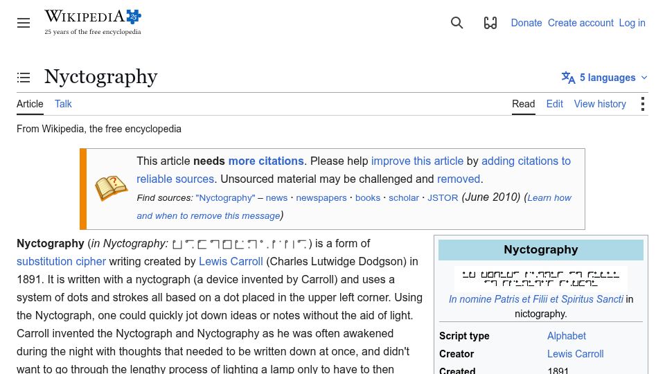 Screenshot of en.wikipedia.org: Nyctography: A substituton cypher by Lewis Carroll
