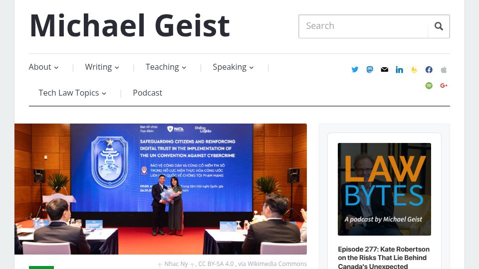 Screenshot of michaelgeist.ca: A Surveillance Treaty in Disguise: Canada Signs UN Cybercrime Convention