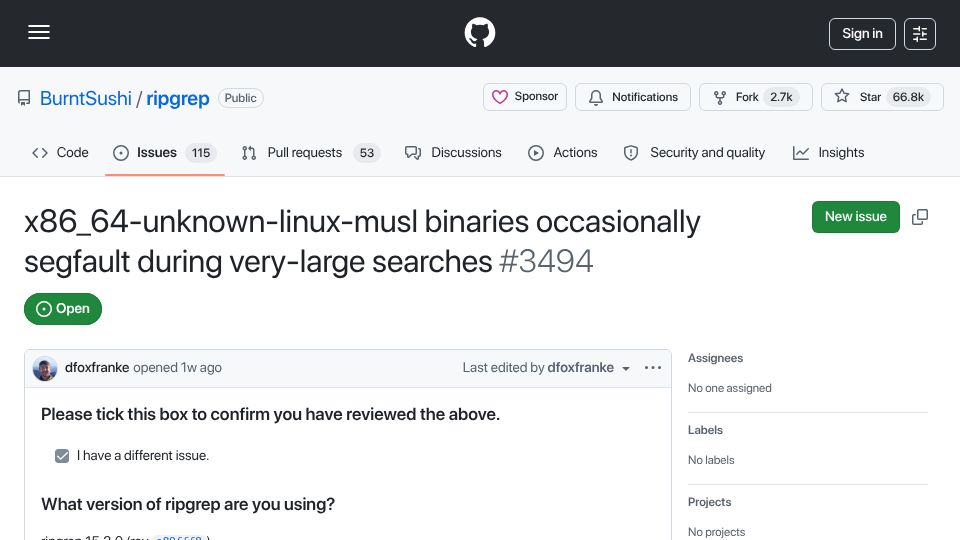 Screenshot of github.com: RipGrep musl binaries occasionally segfault during very-large searches