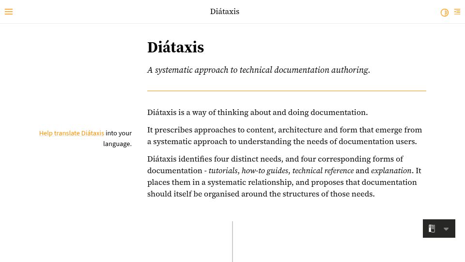 Screenshot of diataxis.fr: Diátaxis