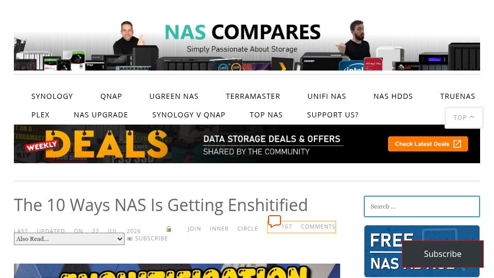 Screenshot of nascompares.com: Ten Ways NAS Is Getting Enshitified