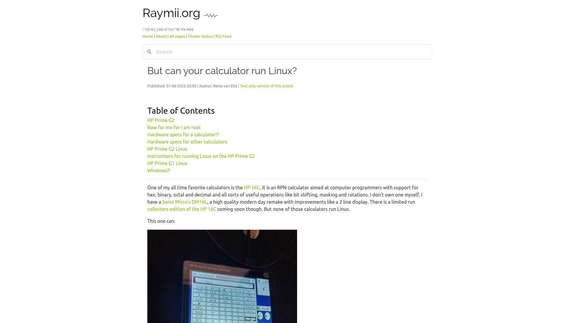 Screenshot of raymii.org: But can your calculator run Linux?