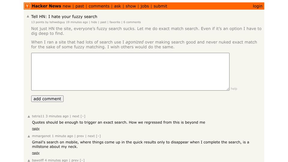 Screenshot of Hacker News post: Tell HN: I hate your fuzzy search