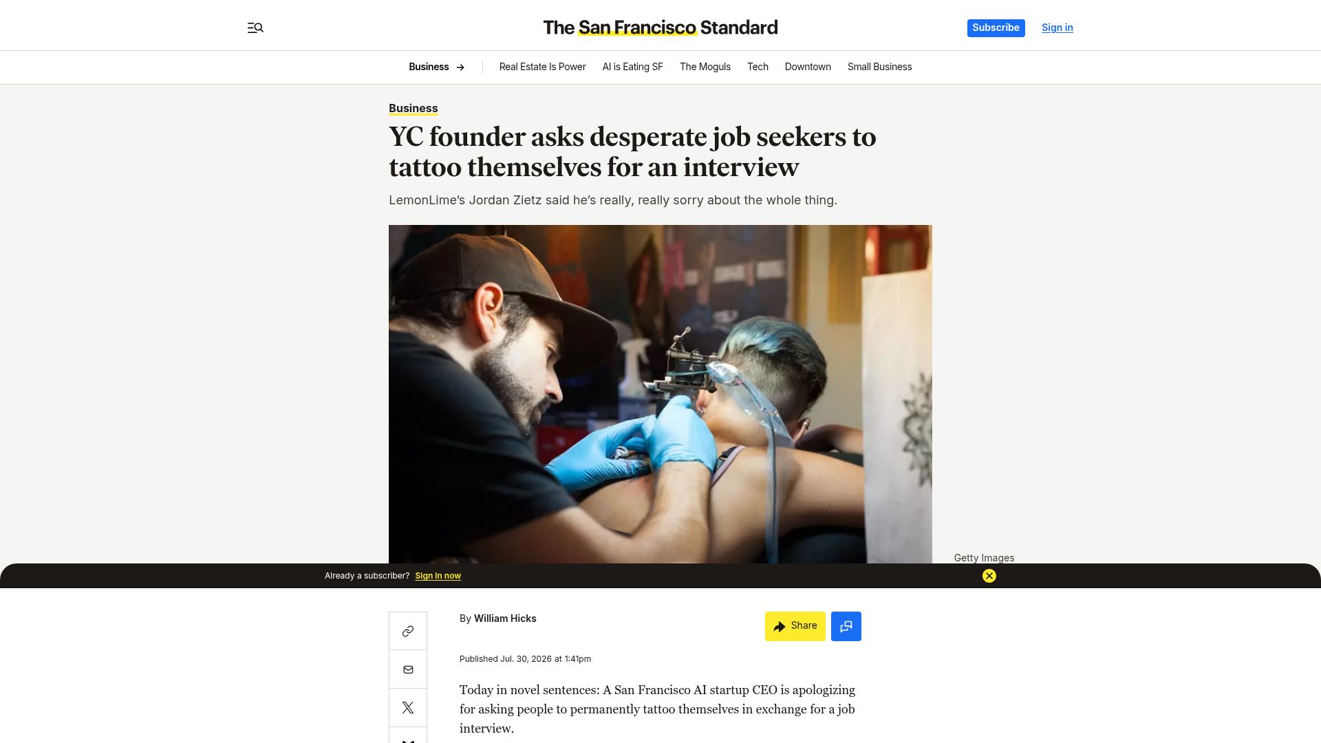 Screenshot of sfstandard.com: YC founder asks desperate job seekers to tattoo themselves for an interview