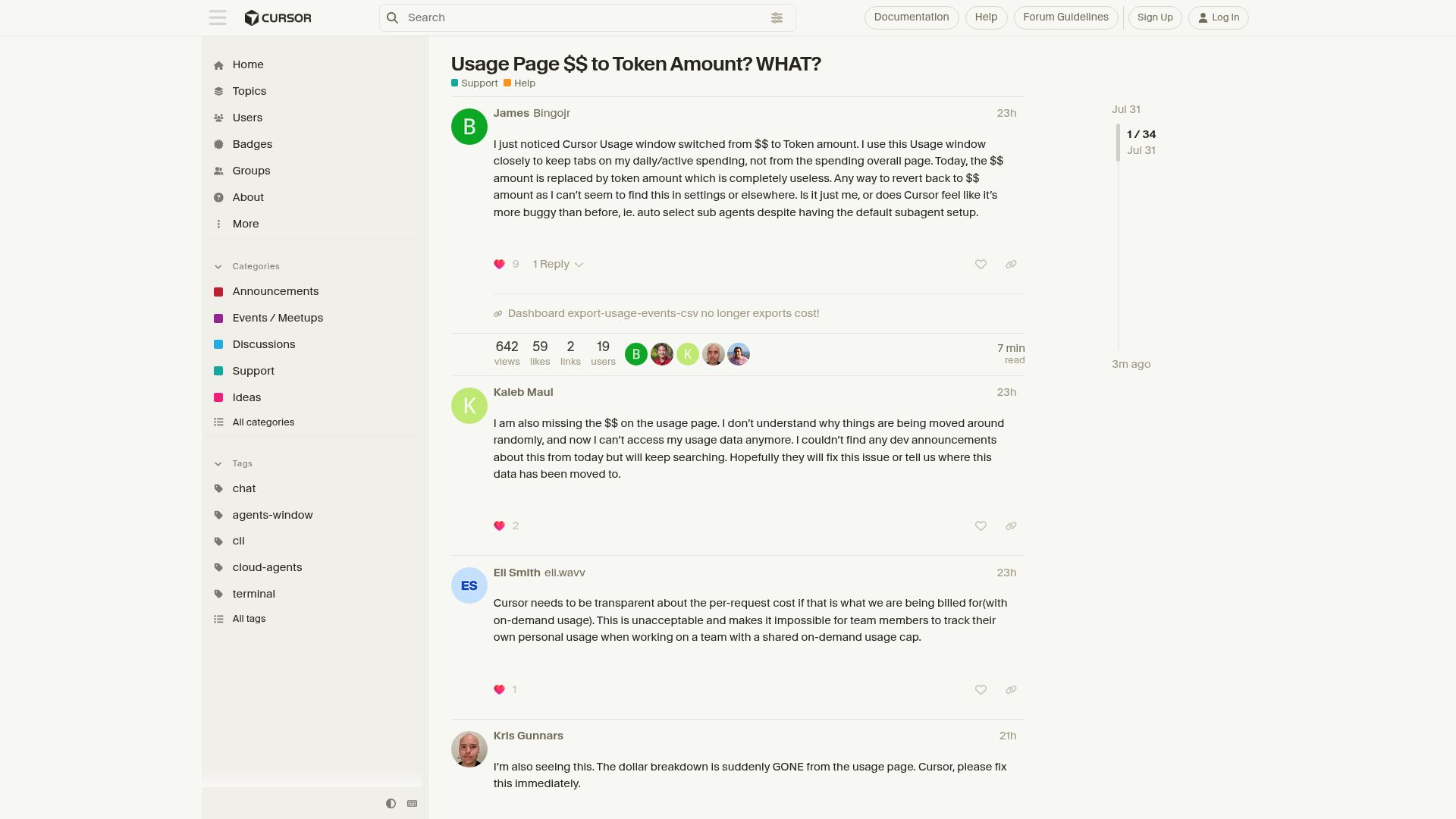 Screenshot of forum.cursor.com: Cursor removed cost information from the usage page and CSV export