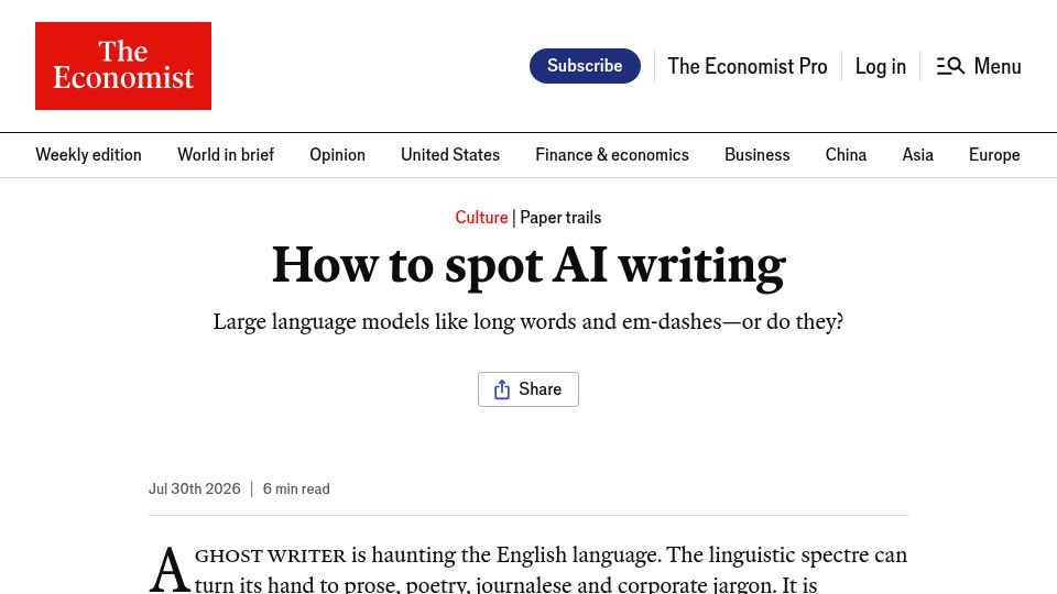 Screenshot of economist.com: How to Spot AI Writing