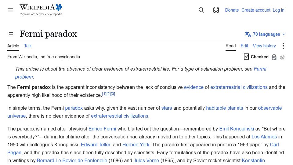 Screenshot of en.wikipedia.org: Fermi Paradox