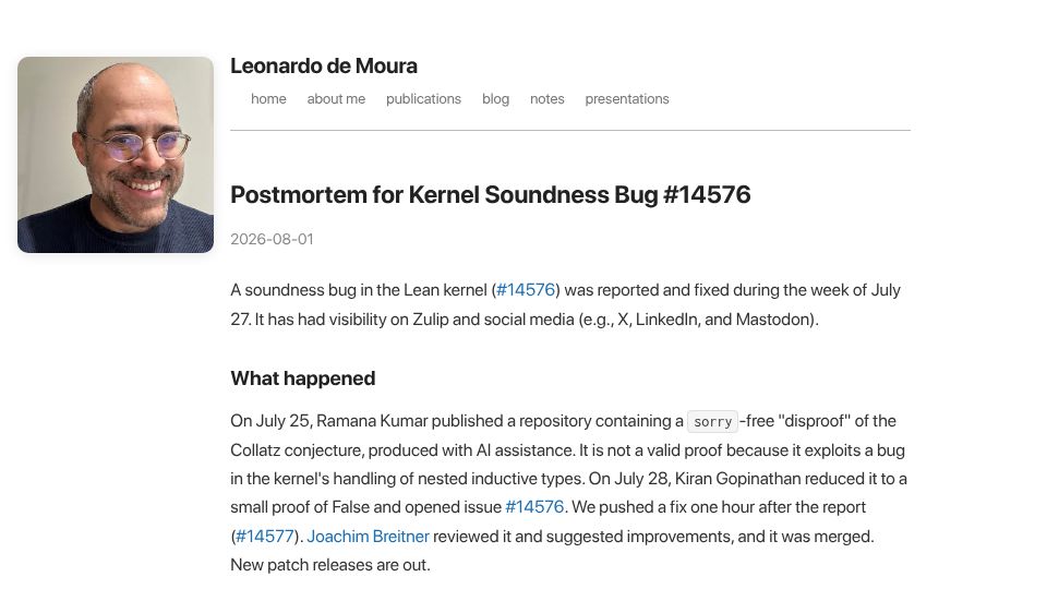 Screenshot of leodemoura.github.io: Postmortem for Kernel Soundness Bug #14576