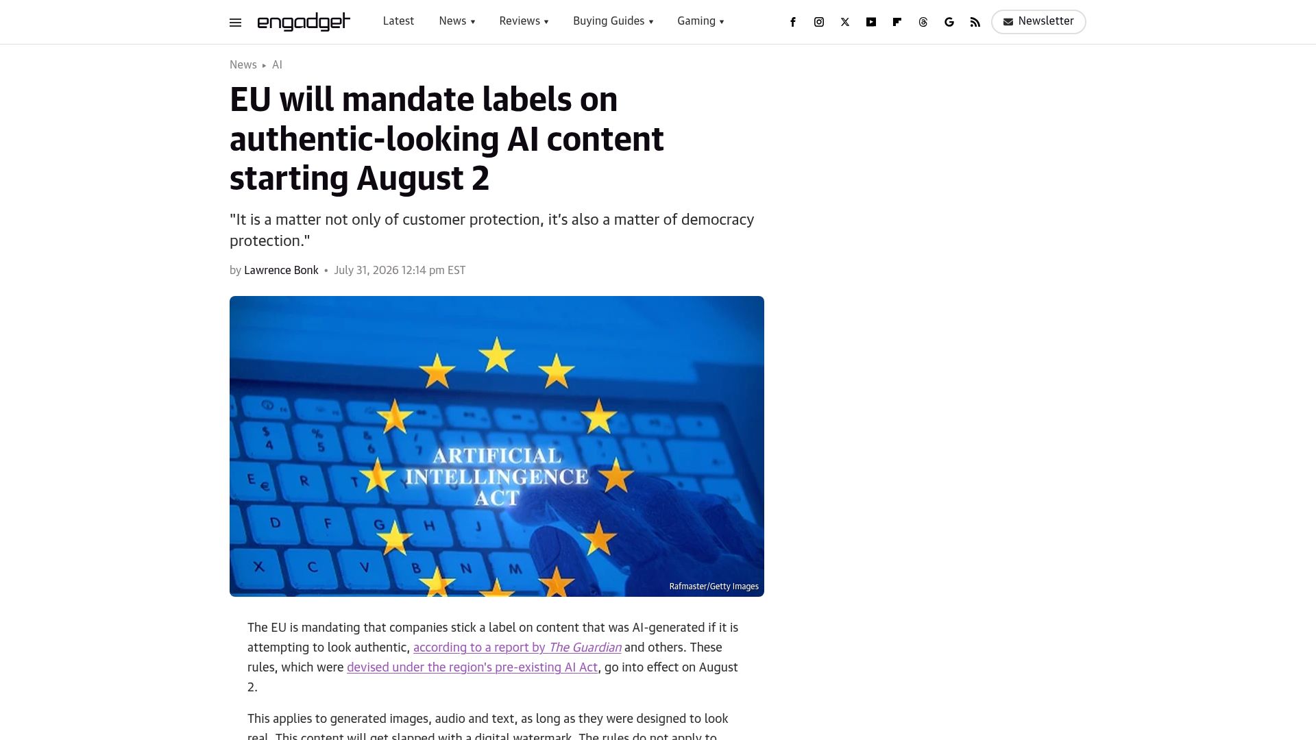 Screenshot of engadget.com: EU will mandate labels on authentic-looking AI content starting August 2