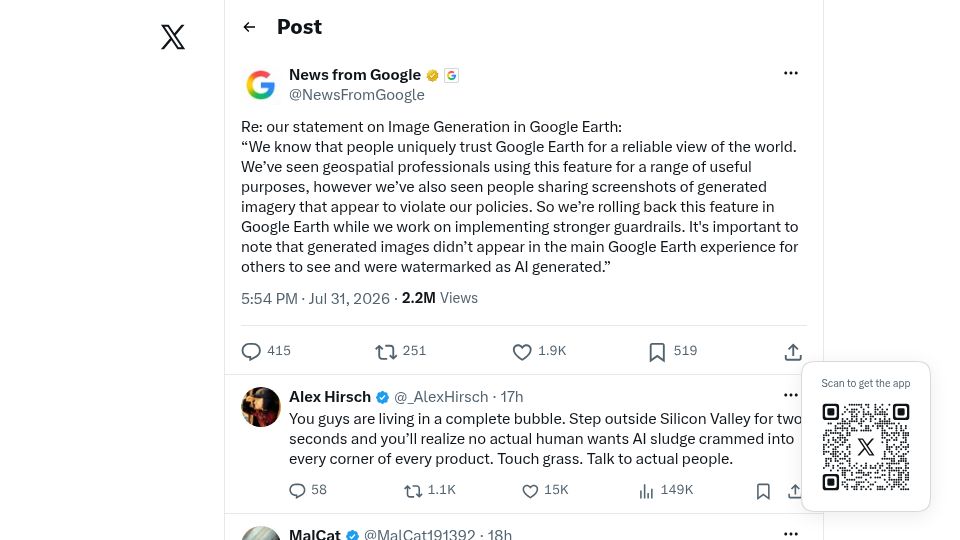 Screenshot of twitter.com: Google kills Earth AI generator after one day