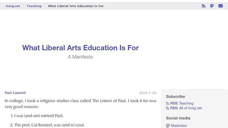 Screenshot of innig.net: What liberal arts education is for (2024)
