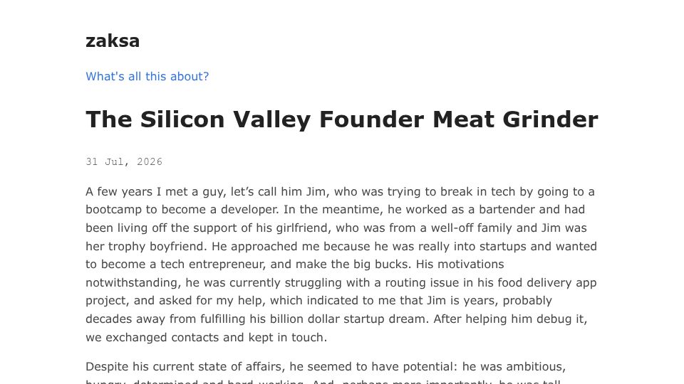 Screenshot of zaksa.zip: The Silicon Valley Founder Meat Grinder