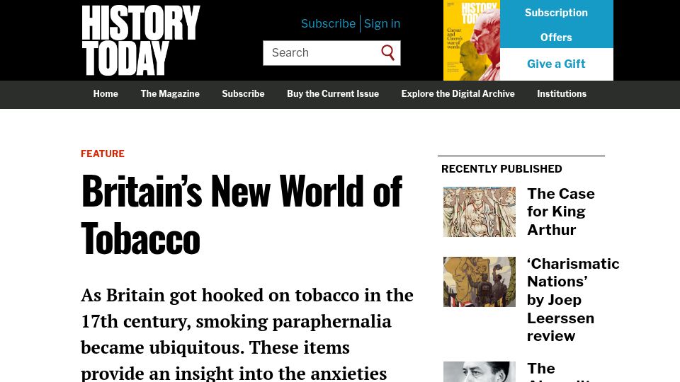 Screenshot of historytoday.com: Britain's New World of Tobacco (2017)