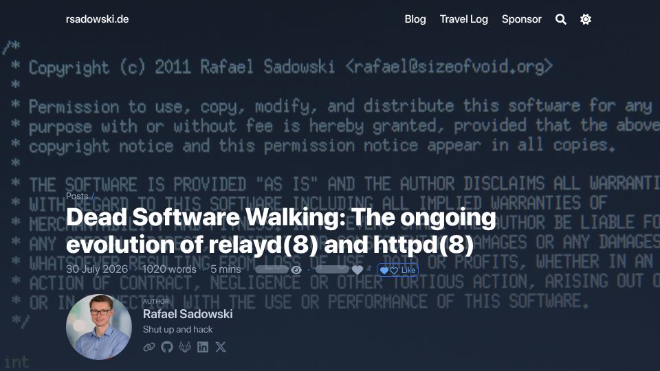 Screenshot of rsadowski.de: Dead Software Walking: The ongoing evolution of relayd(8) and httpd(8)