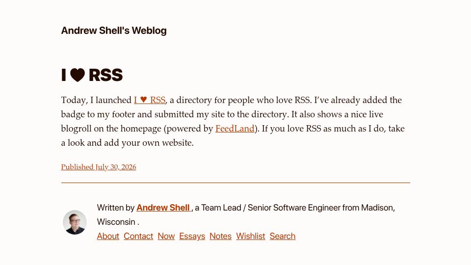 Screenshot of andrewshell.org: A directory of people who love RSS
