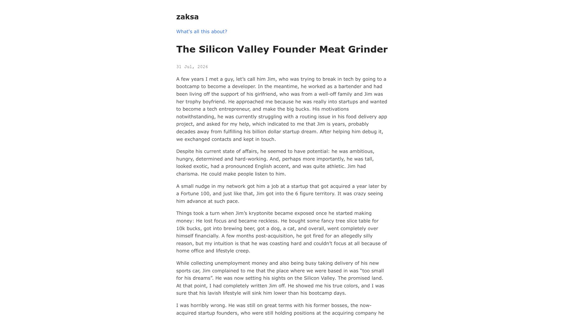 Screenshot of zaksa.zip: The Silicon Valley Founder Meat Grinder
