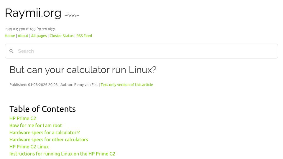 Screenshot of raymii.org: But can your calculator run Linux?