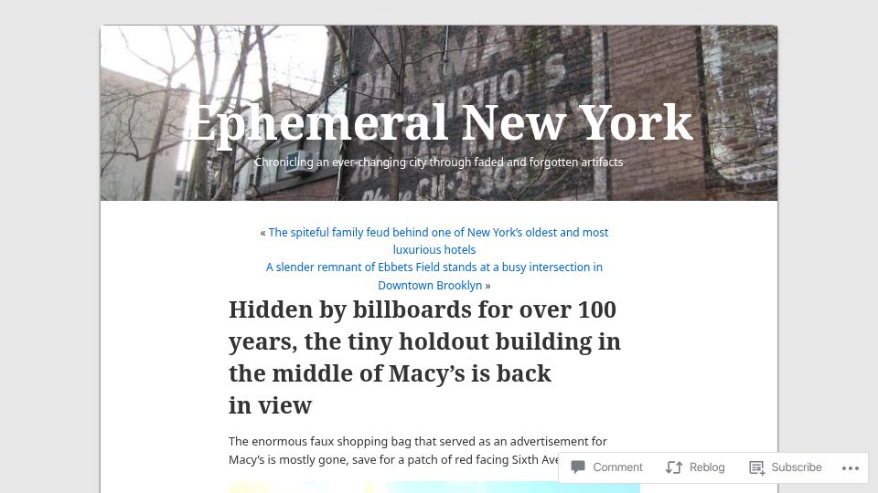 Screenshot of ephemeralnewyork.wordpress.com: The tiny holdout building in the middle of Macy’s is back in view