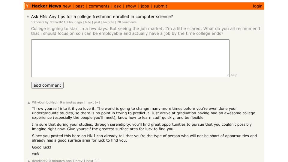 Screenshot of Hacker News post: Ask HN: Any tips for a college freshman enrolled in computer science?