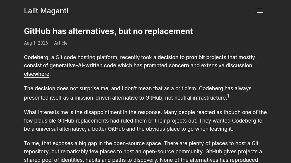 Screenshot of lalitm.com: GitHub has alternatives, but no replacement