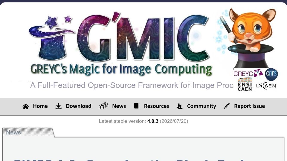 Screenshot of gmic.eu: G'mic 4.0: Squaring the Pixel, Easier