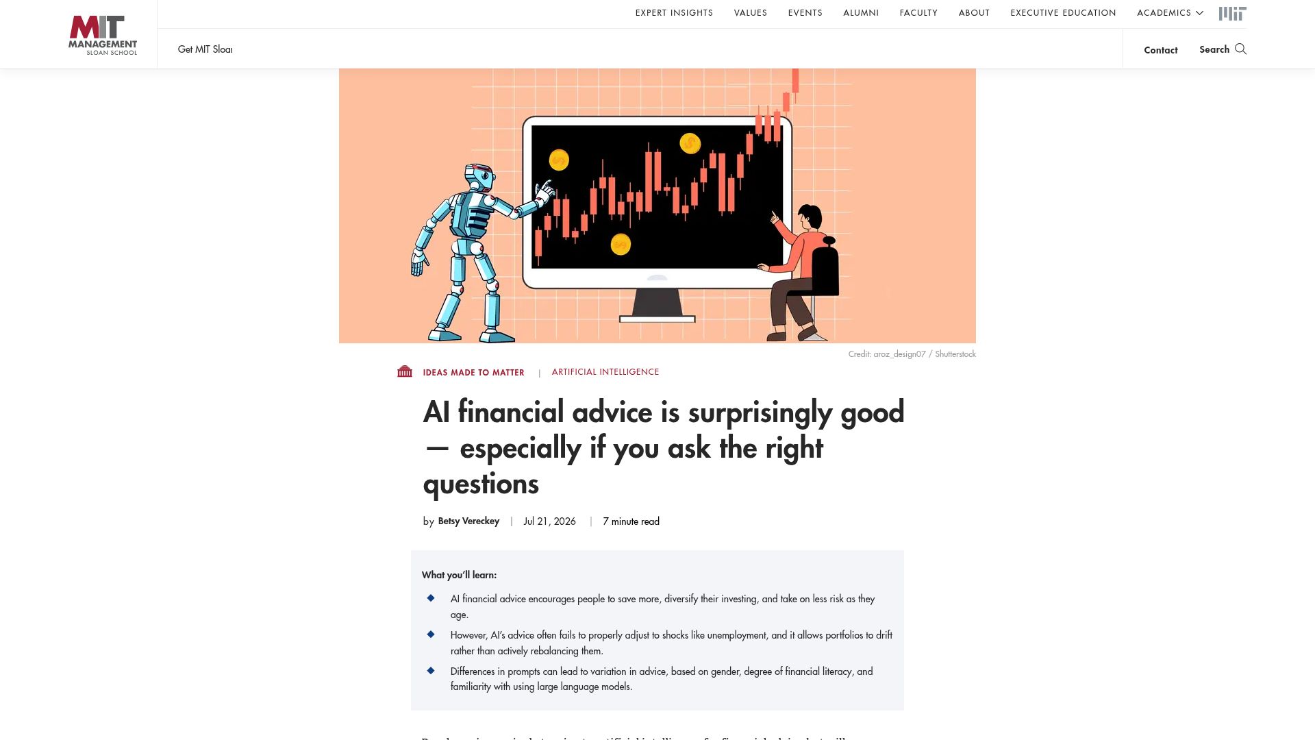 Screenshot of mitsloan.mit.edu: AI financial advice is surprisingly good, especially if you ask right questions