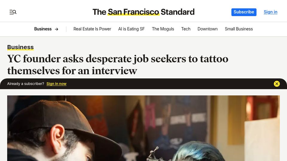 Screenshot of sfstandard.com: YC founder asks desperate job seekers to tattoo themselves for an interview