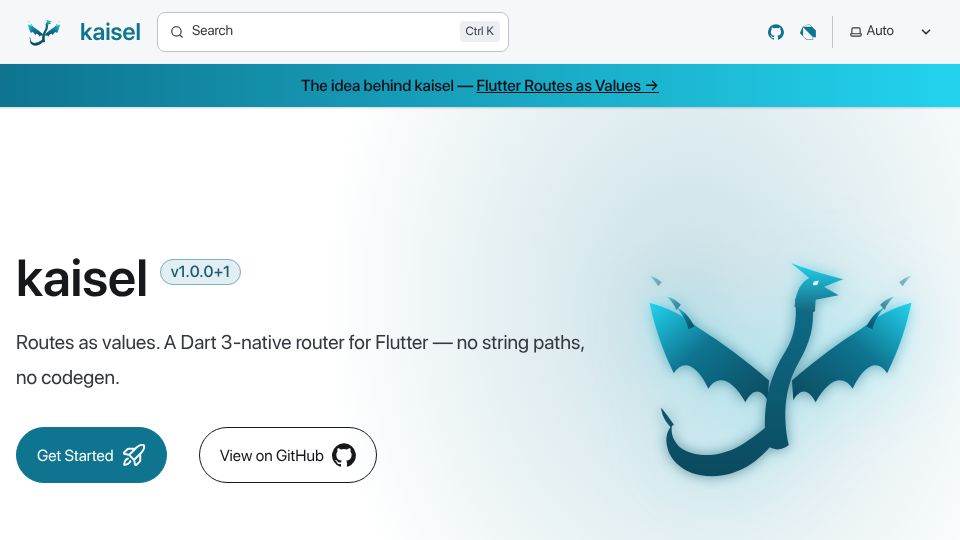 Screenshot of kaisel.dev: Kaisel – Routes as Values. Dart 3 Native Router for Flutter