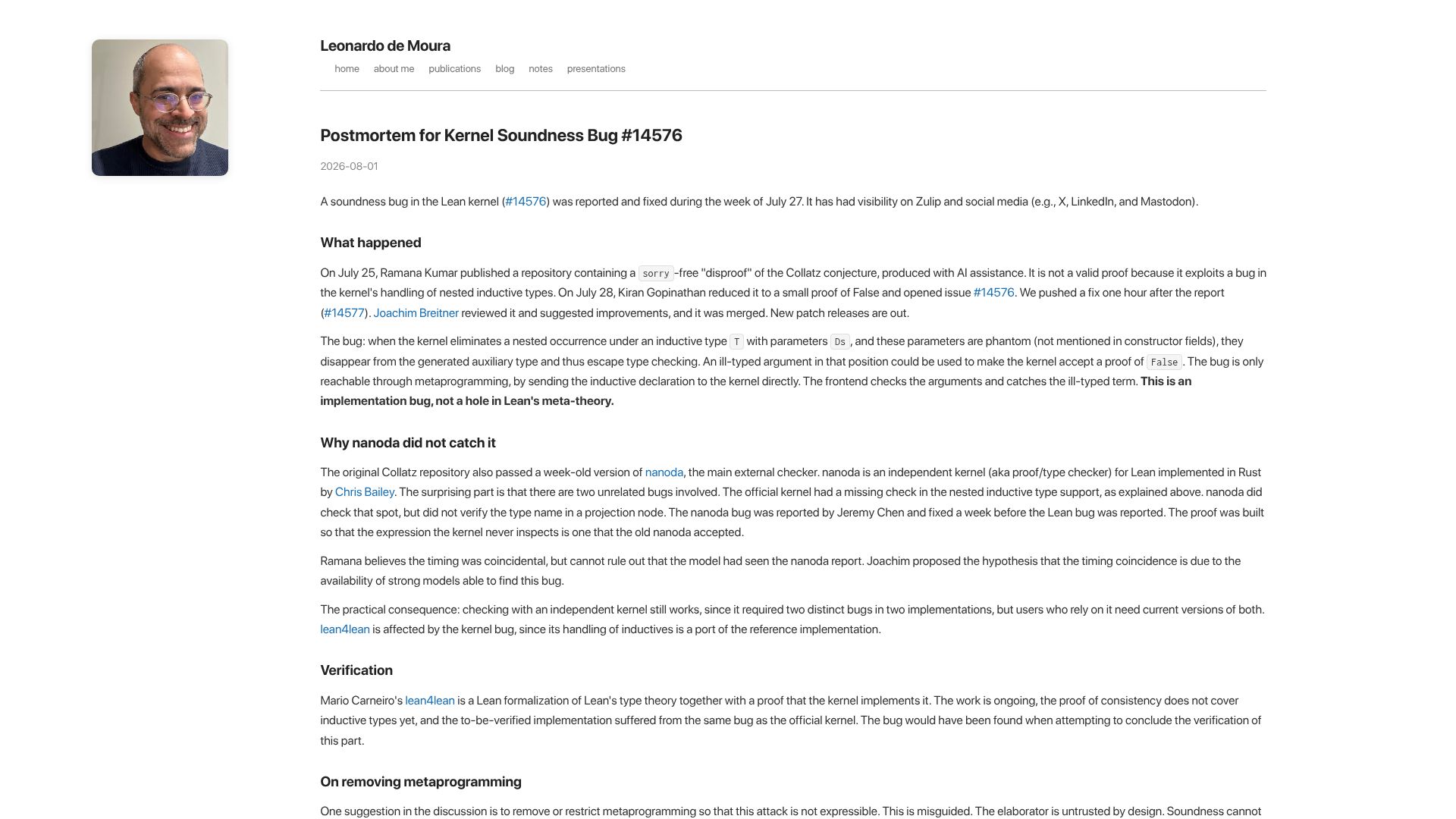 Screenshot of leodemoura.github.io: Postmortem for Kernel Soundness Bug #14576