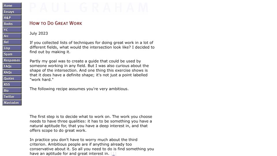 Screenshot of paulgraham.com: How to Do Great Work (2023)