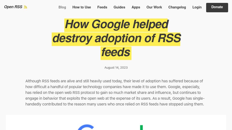 Screenshot of openrss.org: How Google helped destroy adoption of RSS feeds (2023)