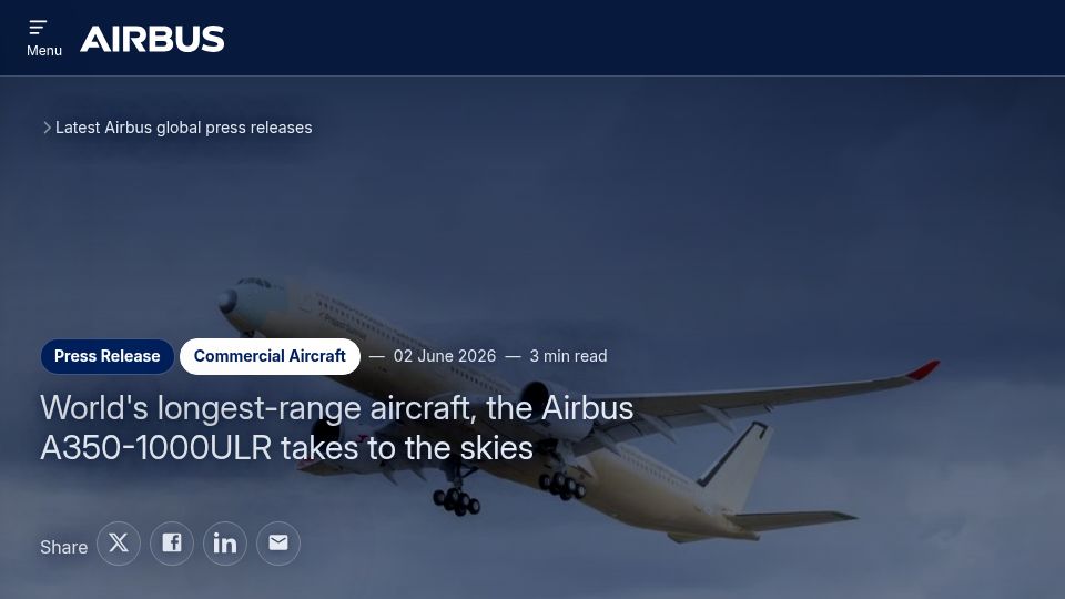Screenshot of airbus.com: Rear center fuel tank adds roughly 20k liters and extends range by 1k NM