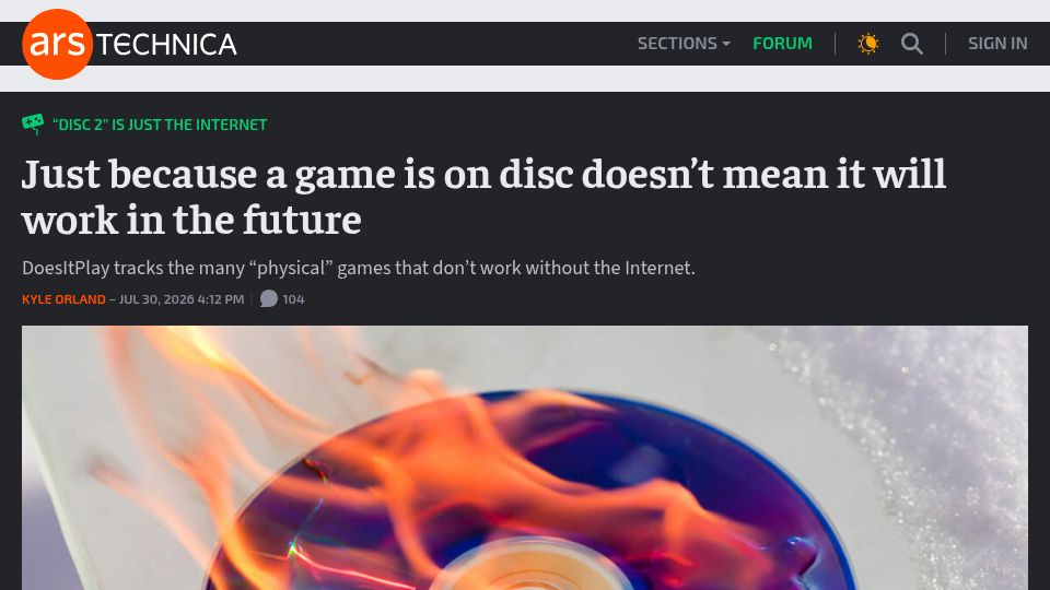 Screenshot of arstechnica.com: Just because a game is on disc doesn't mean it will work in the future