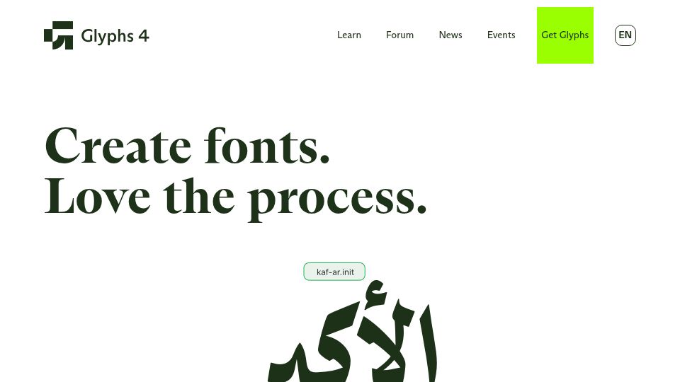 Screenshot of glyphsapp.com: Glyphs 4 – the leading Mac font editor