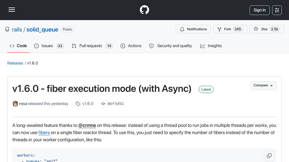 Screenshot of github.com: Solid Queue 1.6.0 now supports fiber workers