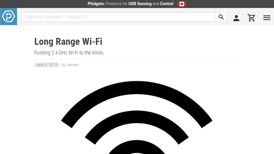 Screenshot of phidgets.com: Long Range Wi-Fi – Pushing 2.4 GHz Wi-Fi to the limits (2019)