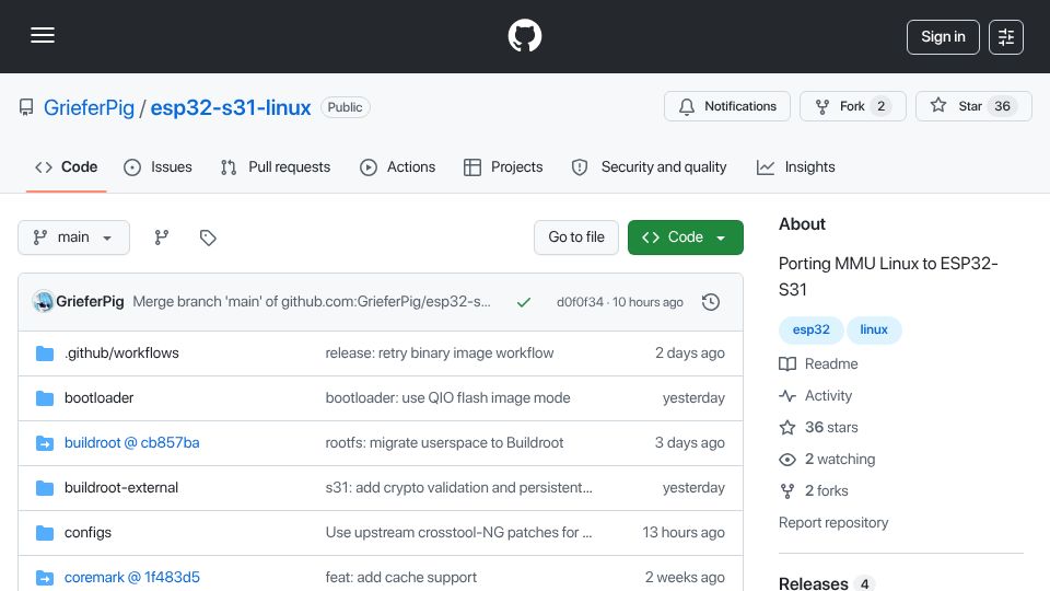 Screenshot of github.com: Linux on ESP32