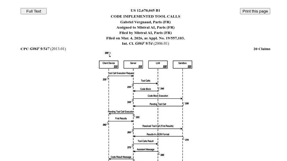 Screenshot of patentsgazette.uspto.gov: Mistral Patent for “Code implemented tool calls”