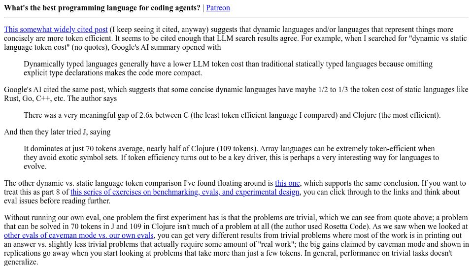 Screenshot of danluu.com: What's the best programming language for coding agents?