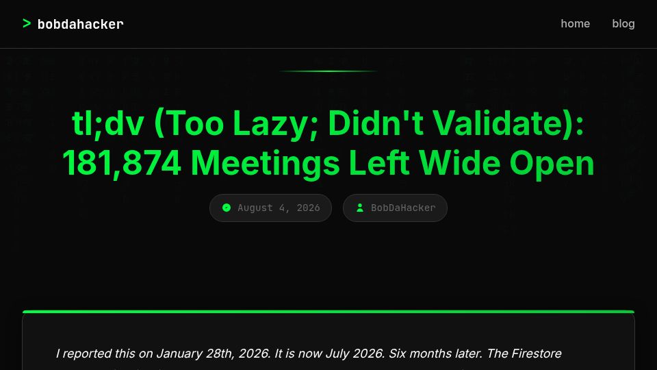 Screenshot of bobdahacker.com: Tl;dv: Over 180k meetings left wide open