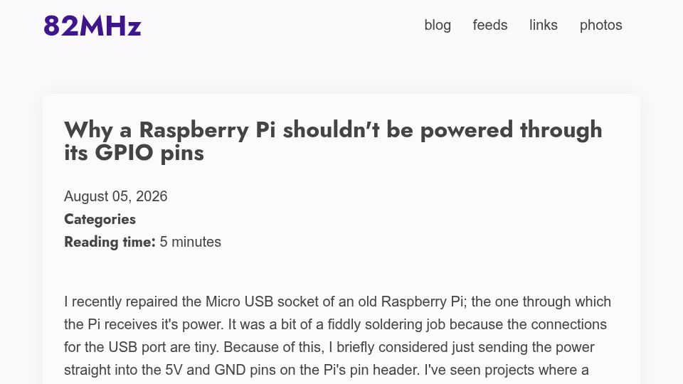 Screenshot of 82mhz.net: Why a Raspberry Pi shouldn't be powered through its GPIO pins