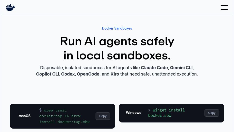 Screenshot of docker.com: Docker Sandboxes – Disposable, isolated sandboxes for AI agents