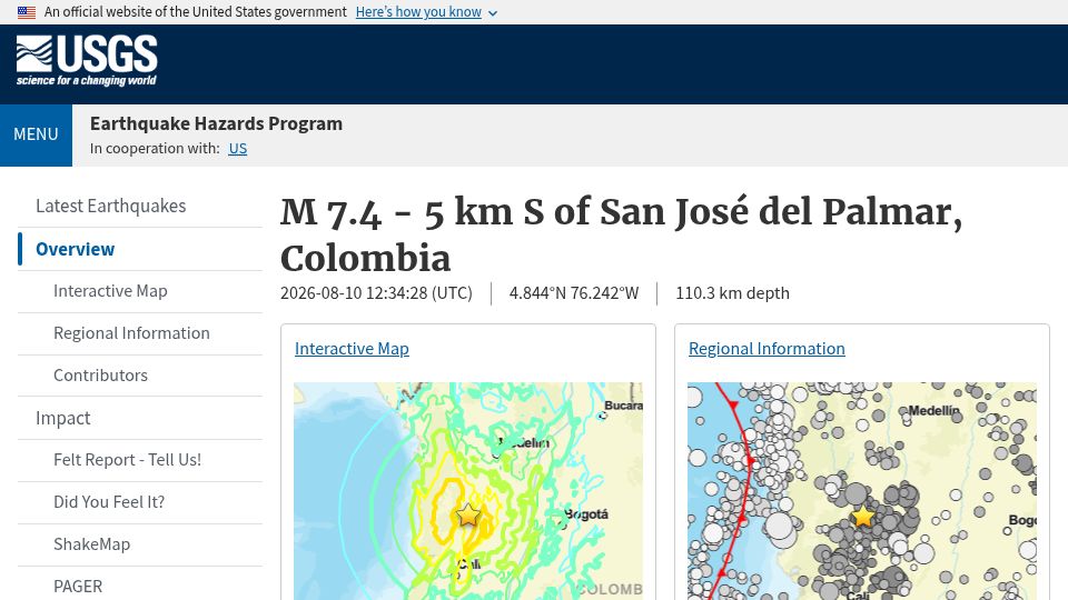 Screenshot of earthquake.usgs.gov: Magnitude 7.4 Earthquake – 5 km S of San José del Palmar, Colombia