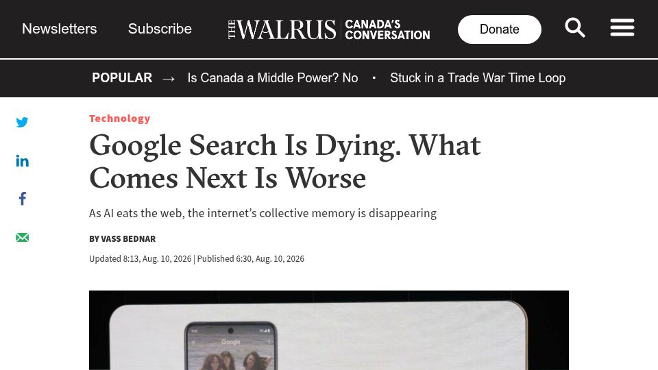 Screenshot of thewalrus.ca: As AI eats the web, the internet’s collective memory is disappearing