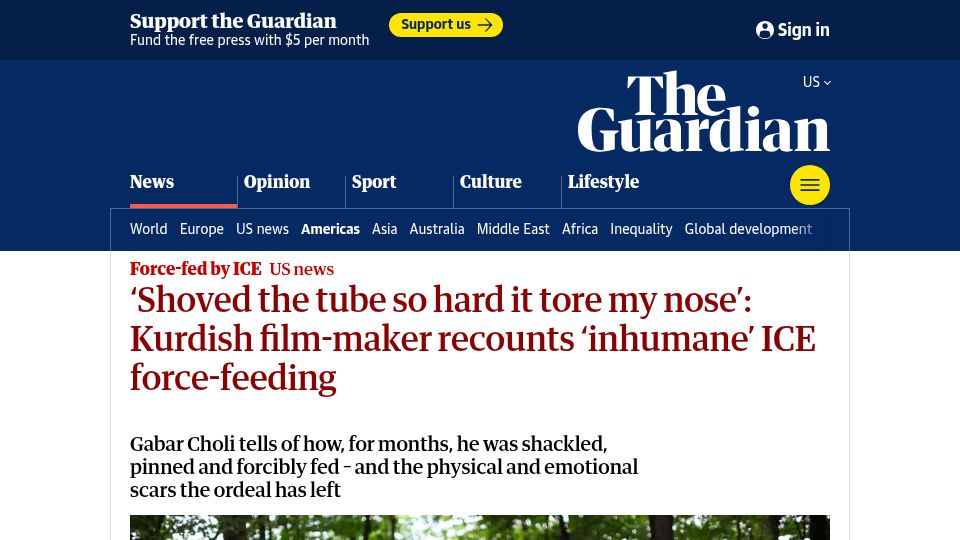 Screenshot of theguardian.com: Force-Fed by ICE