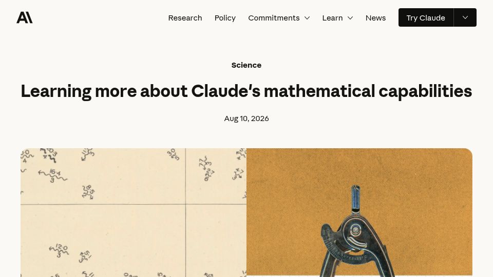Screenshot of anthropic.com: Learning more about Claude's mathematical capabilities