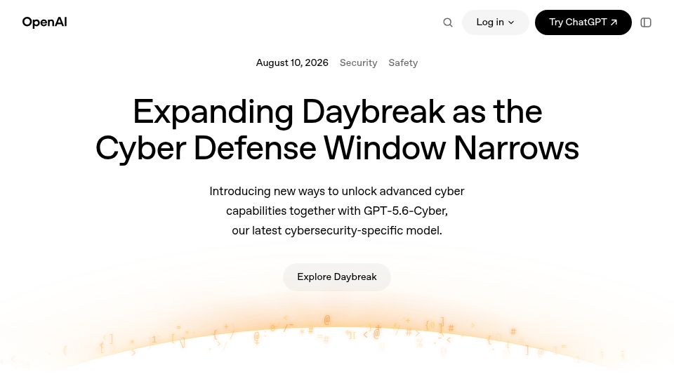 Screenshot of openai.com: GPT 5.6 Cyber