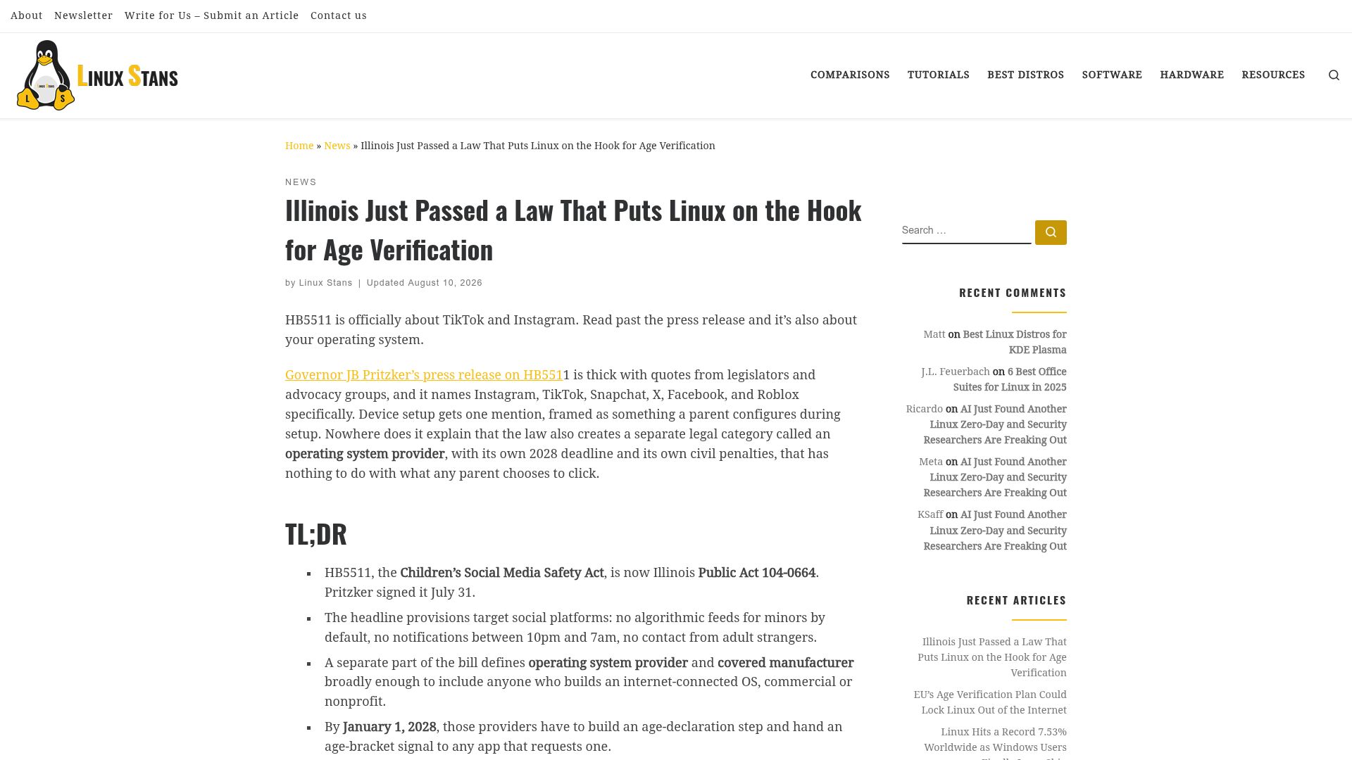 Screenshot of linuxstans.com: Illinois Just Passed a Law That Puts Linux on the Hook for Age Verification
