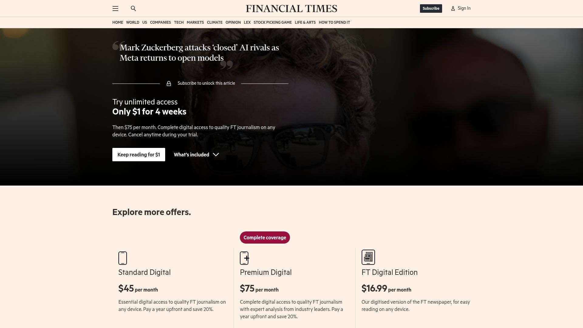 Screenshot of ft.com: Mark Zuckerberg attacks 'closed' AI rivals as Meta returns to open models