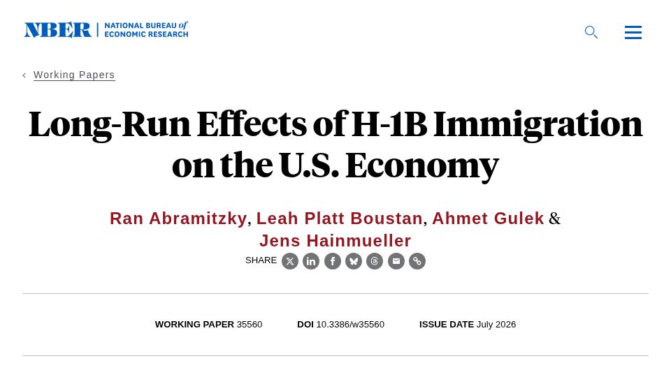 Screenshot of nber.org: Long-Run Effects of H-1B Immigration on the U.S. Economy (July 2026)
